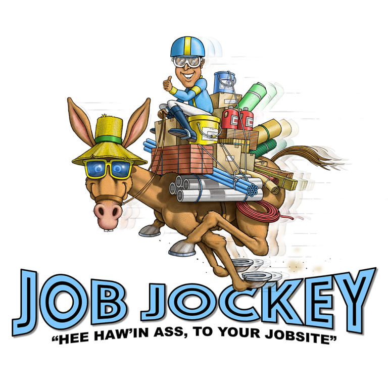 A cartoon logo of a jockey sitting on a large pile of construction supplies that is on the back of a running donkey or ass wearing a yellow hat and sunglasses